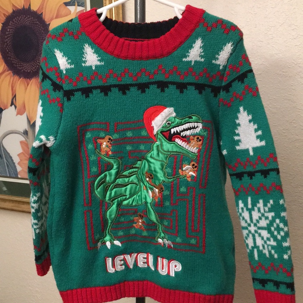 Kids Dinosaur Christmas Sweater - Green and Red